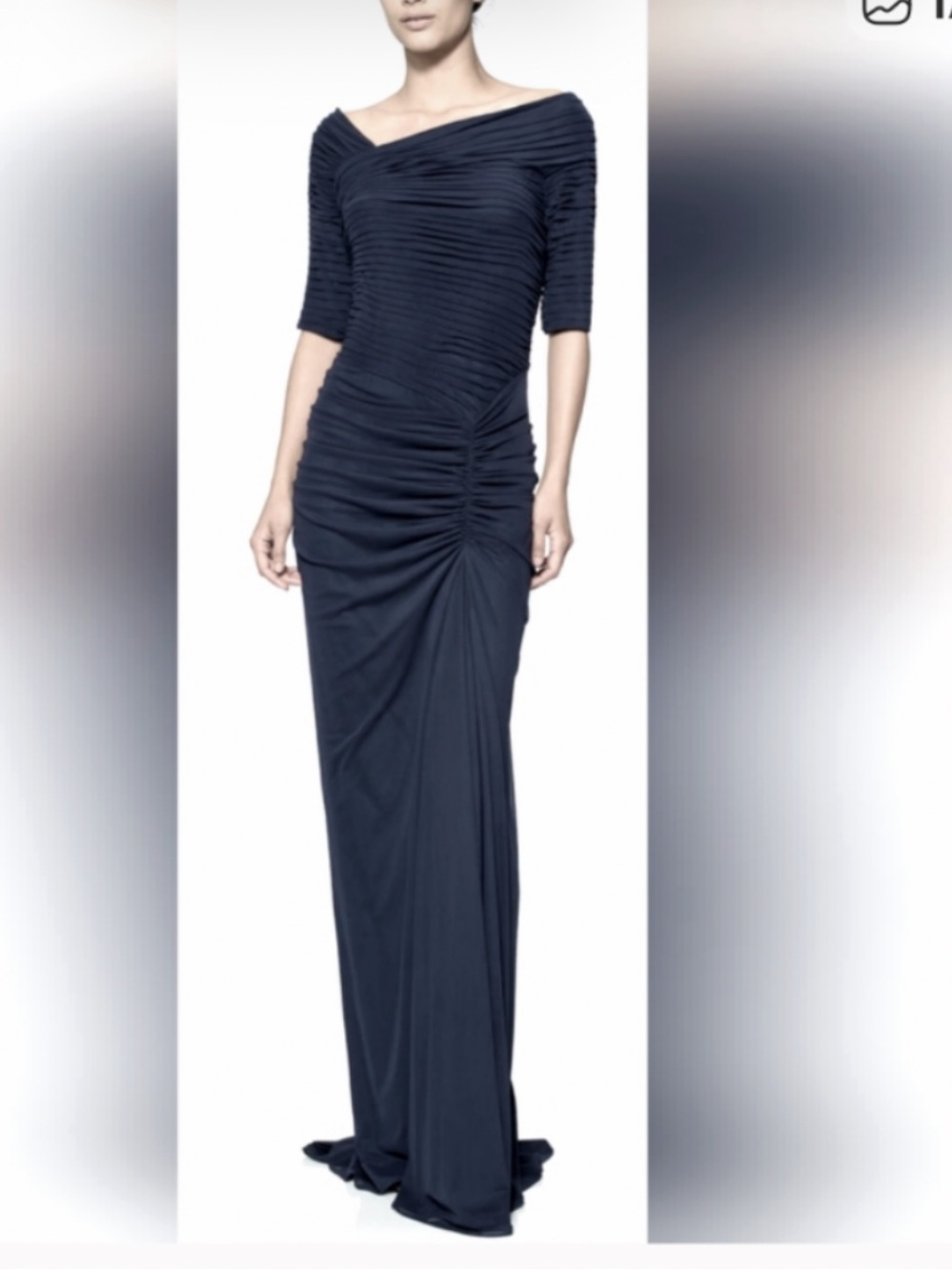 NWT Tadashi Shoji  Navy Asymmetrical Neckline Ruched Dress with Train Size PM